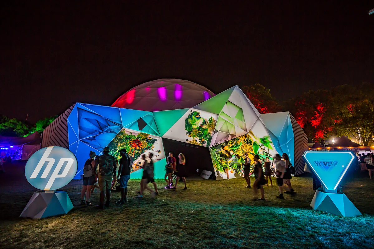 The faceted LAB entrance illuminated at night