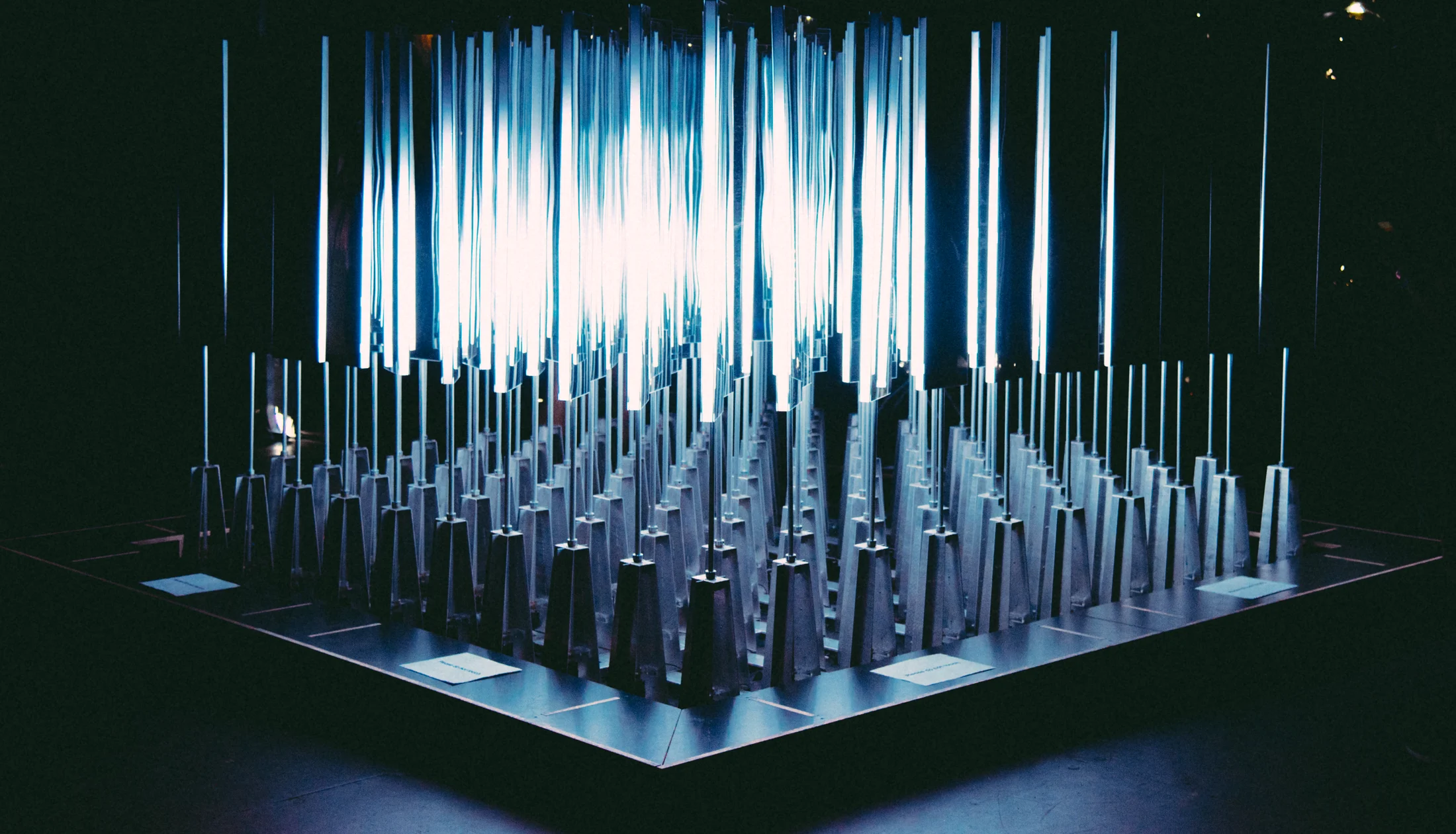 A field of glowing tubes in the dark