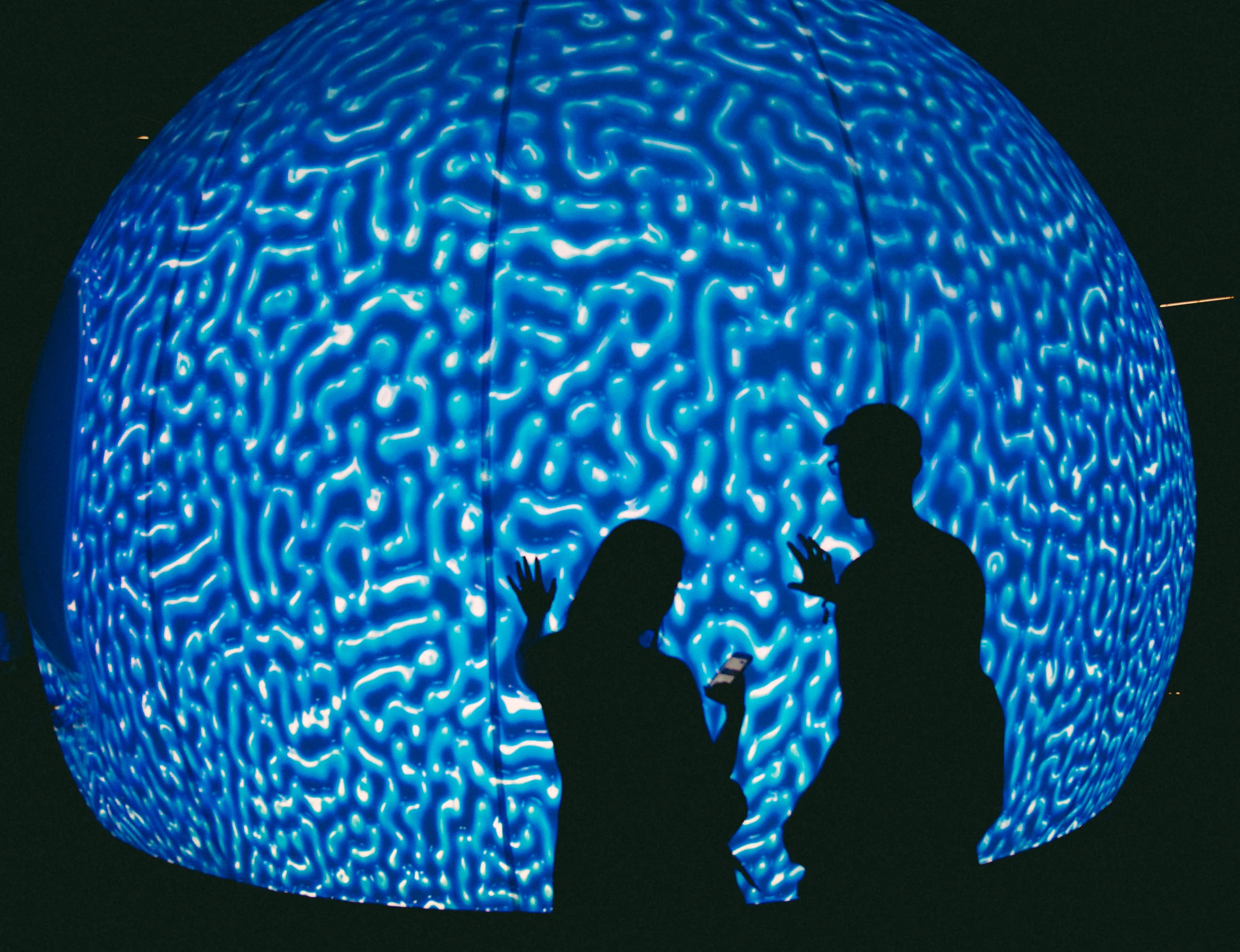 Two visitors silhouetted against blue circular patterns