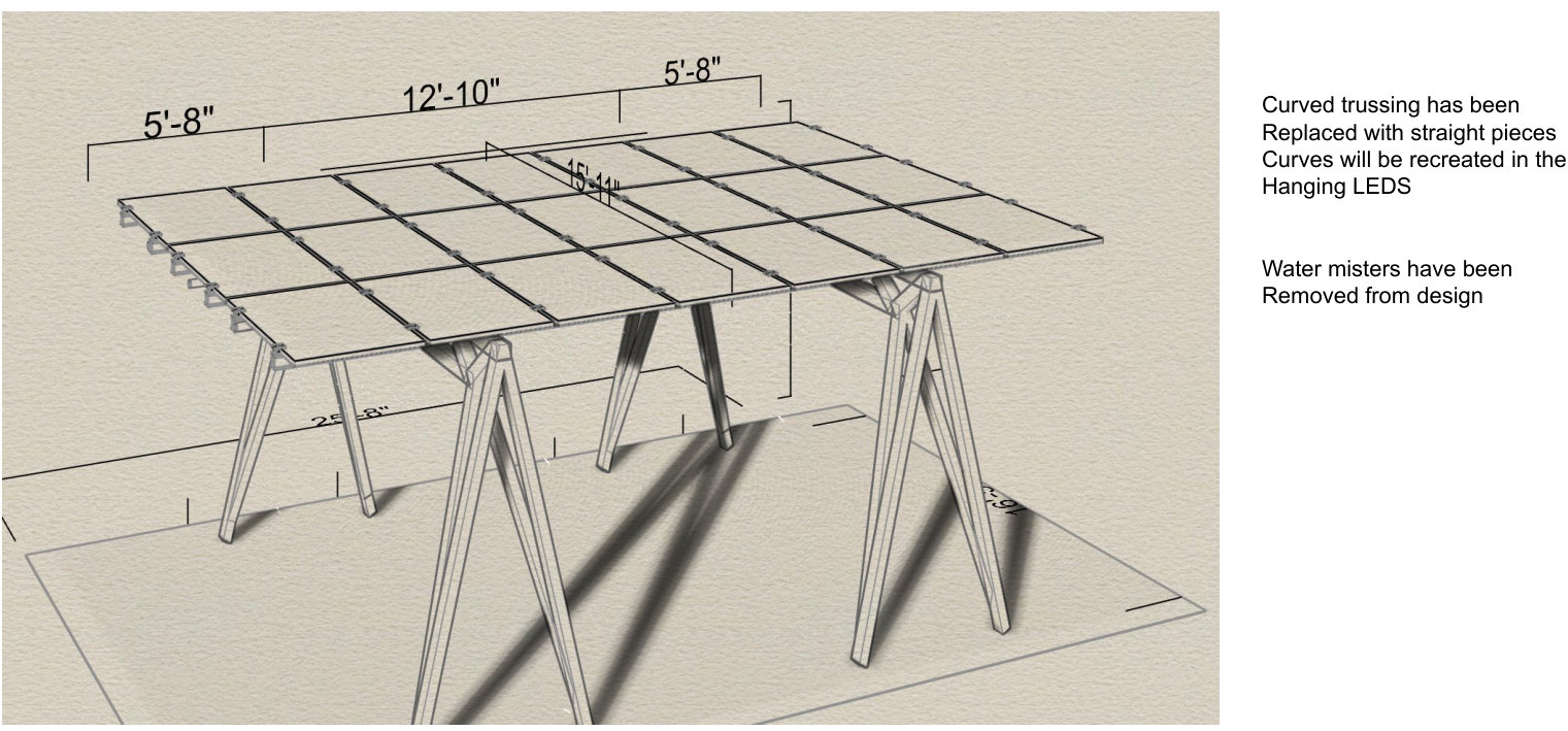 Revised Infinite Wild structure with straight truss pieces and notes explaining that hanging LEDs recreate the curves