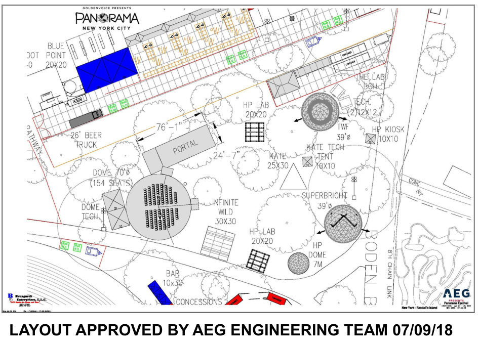 2018 site plan positioning the LAB installations among trees and grass beside the dome